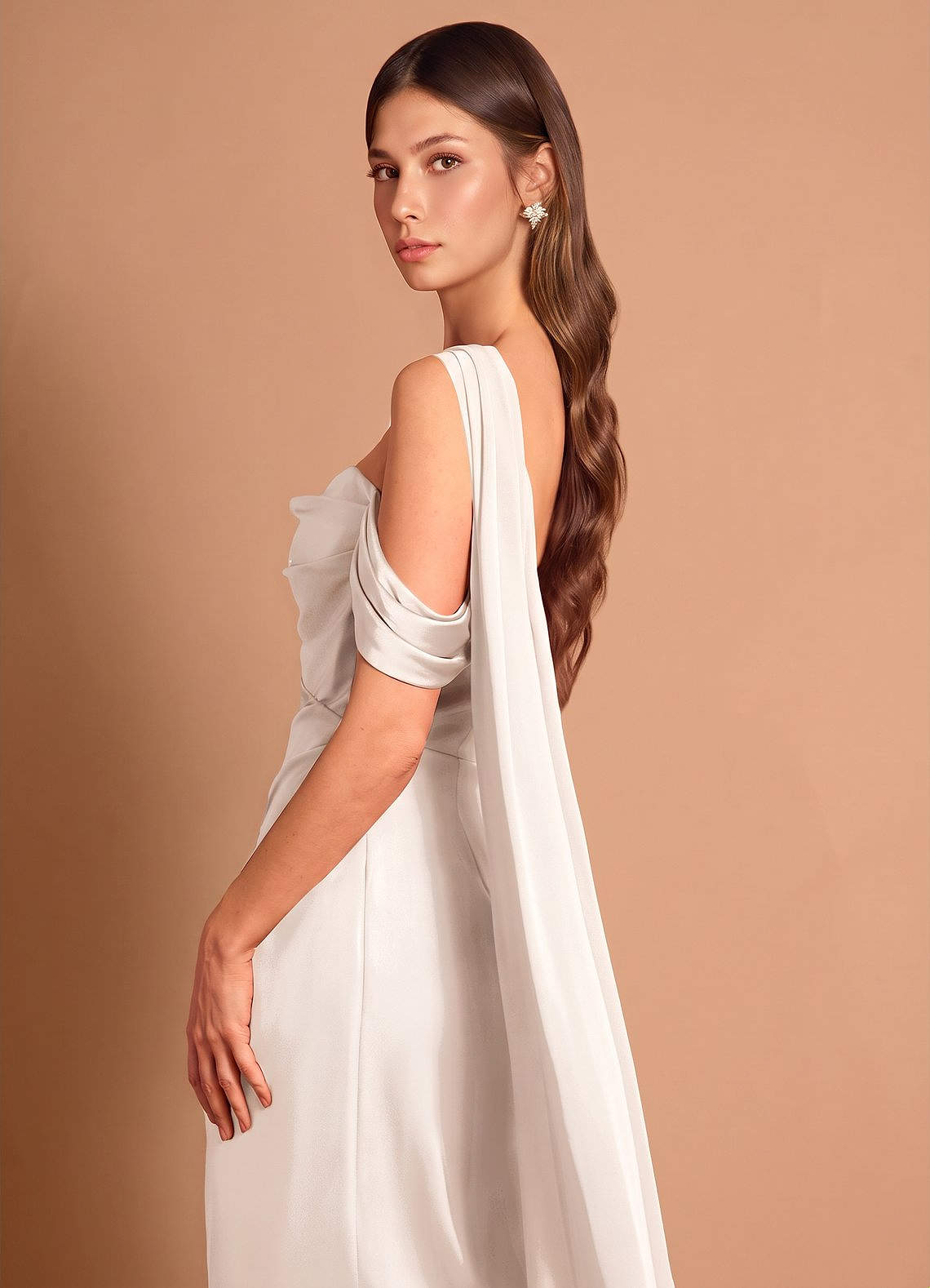 Meliora Asymmetric Strapless Chiffon-Drape Stretch Satin Evening Dress in Cream