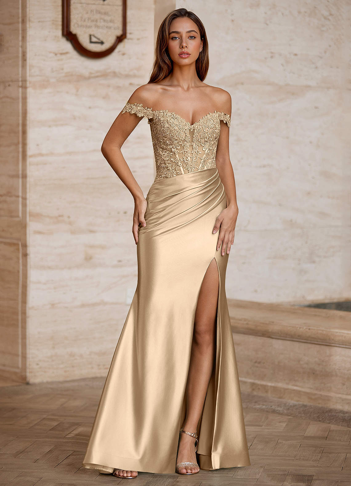 Wrentino Mermaid Off-the-Shoulder Stretch Satin Evening Dress in Wine