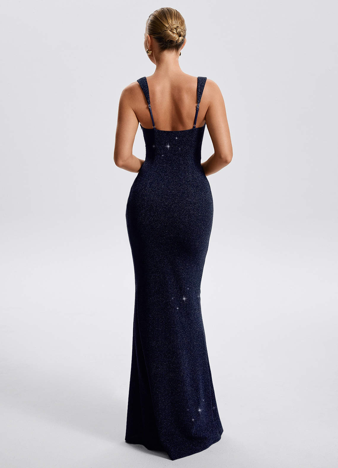 Eira Sheath Square-Neck Metallic Knit Evening Dress in Dark Navy
