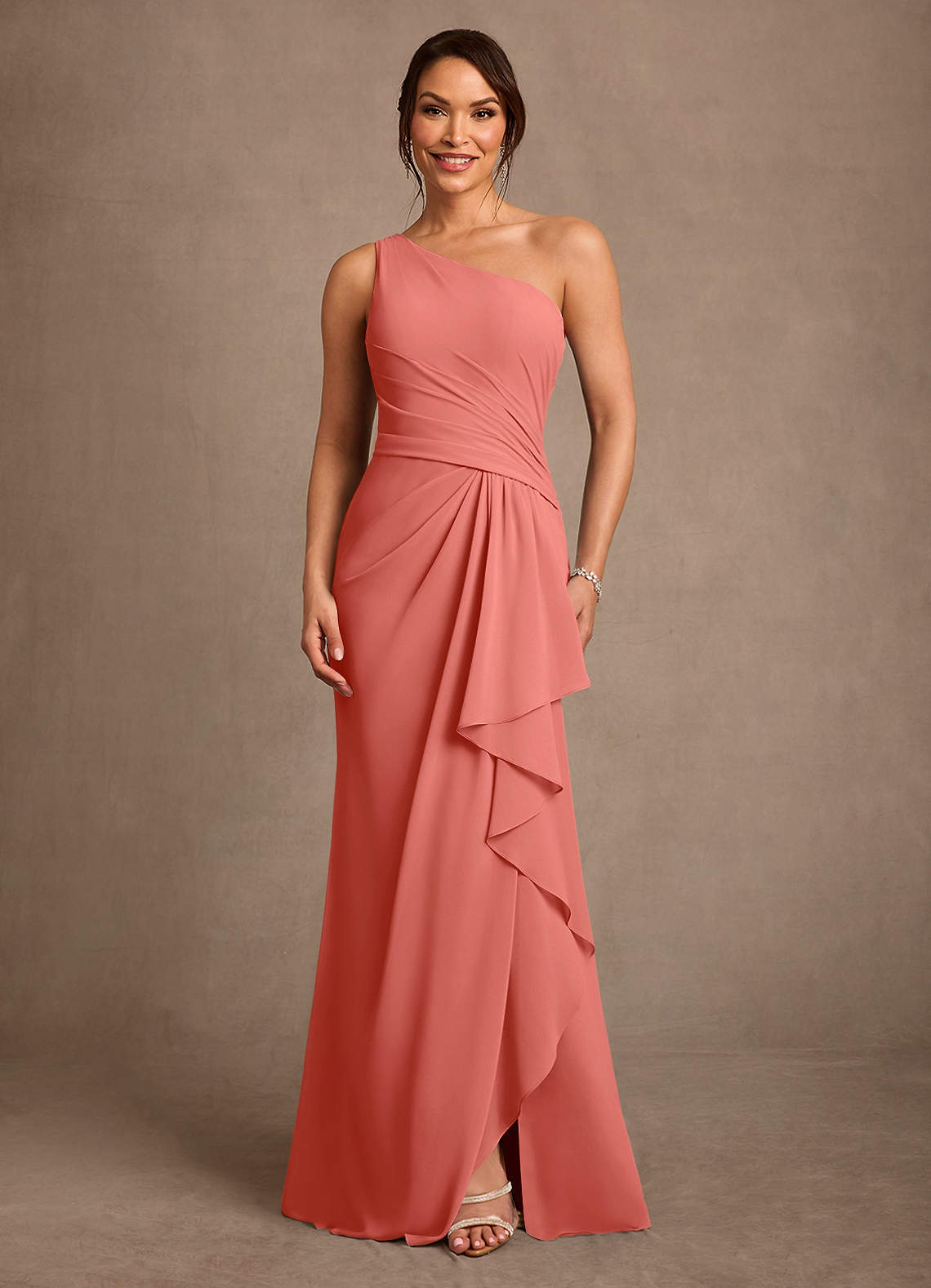 Floy Sheath One-Shoulder Chiffon Mother of the Bride Dress in Salmon Pink
