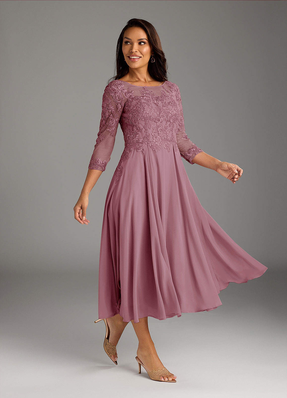 Marge A-Line Scoop-Neck Chiffon and Lace Mother of the Bride Dress in Vintage Mauve