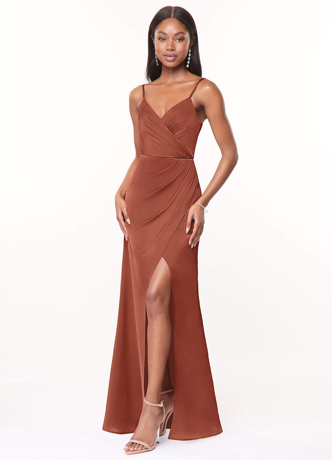 Maci A-Line V-Neck Stretch Satin Bridesmaid Dress in Auburn