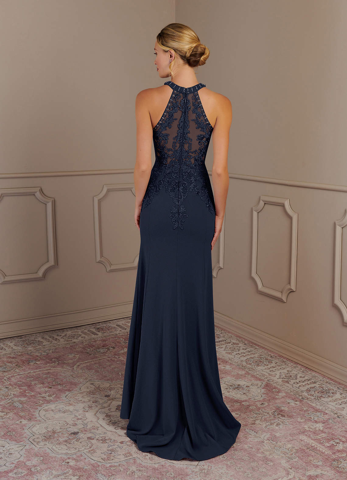 Tyra Mermaid Halter Tulle and Stretch Crepe Mother of the Bride Dress in Dark Navy