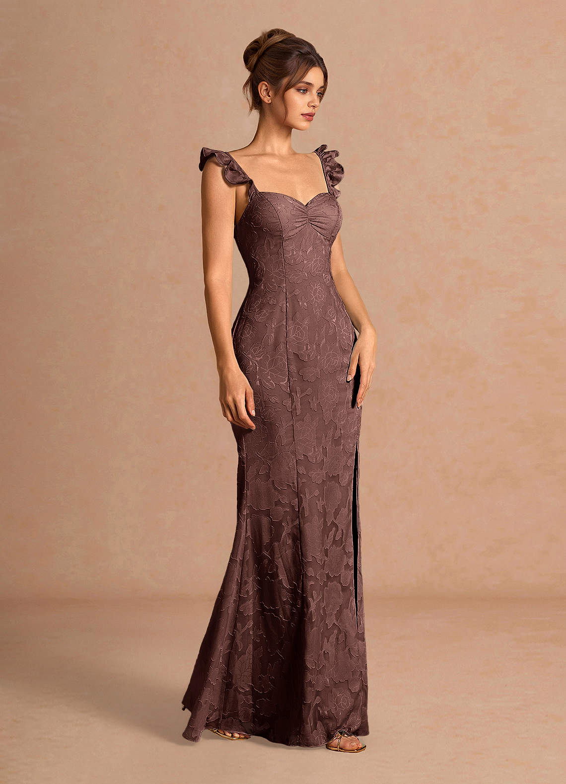 Romilly Mermaid Ruffled Chiffon Burnout Evening Dress in Mocha Coco