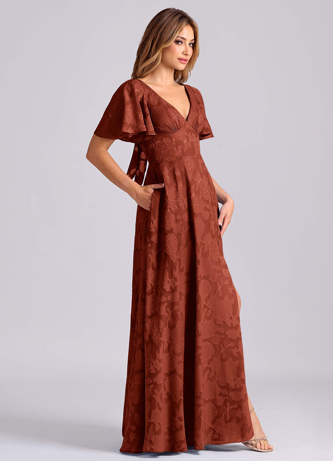 Kimber A-Line V-Neck Floral Burnout Bridesmaid Dress in Terracotta