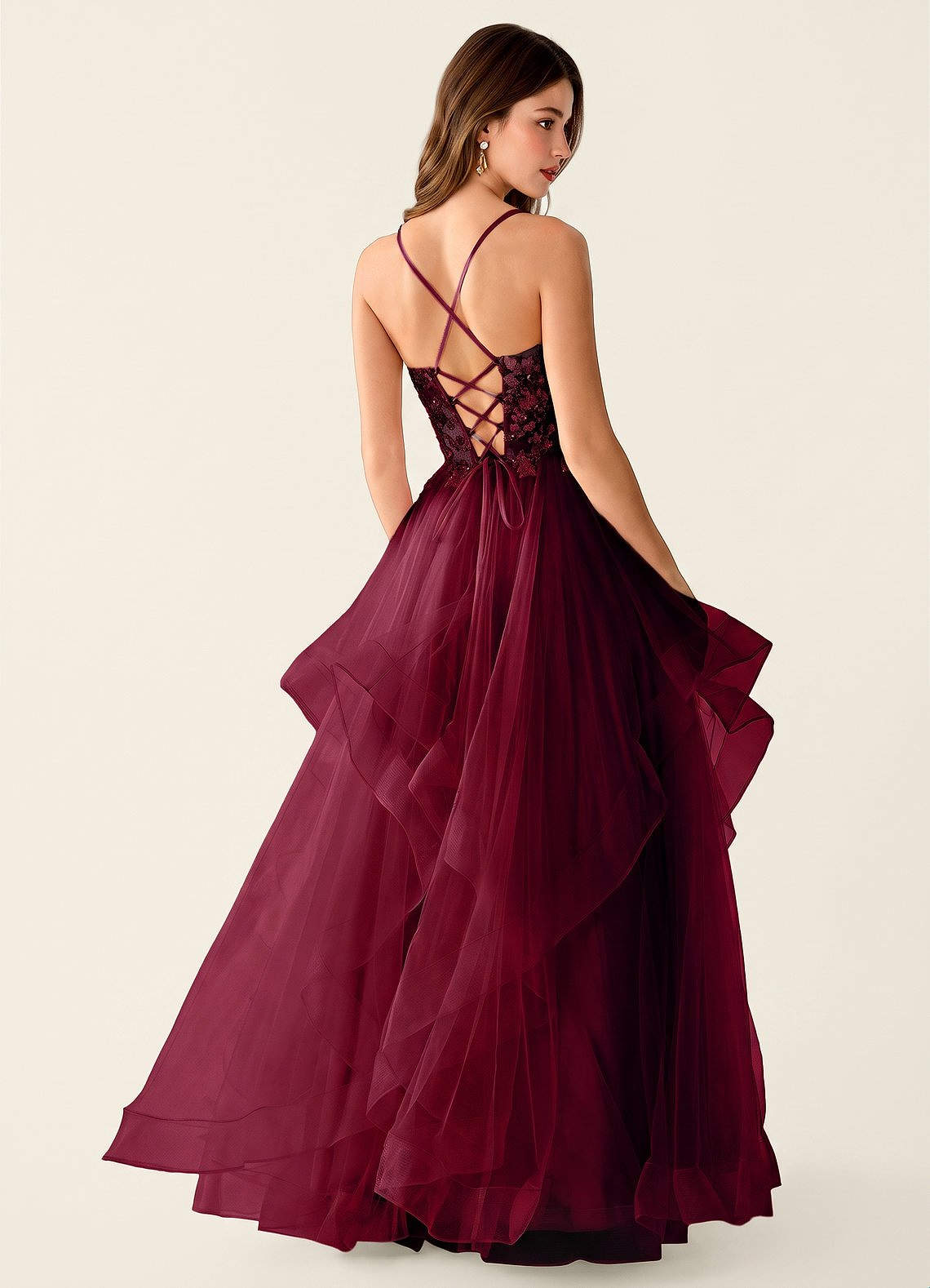 Mosaic A-Line V-Neck Tulle Evening Dress in Burgundy