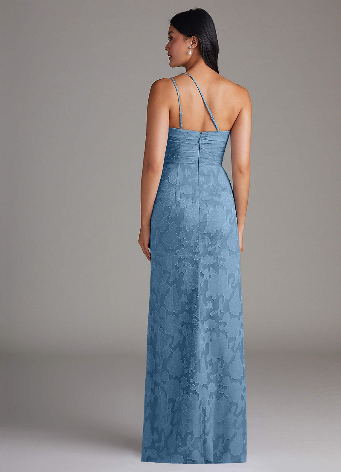 Eren Sheath One-Shoulder Floral Burnout Bridesmaid Dress in Steel Blue