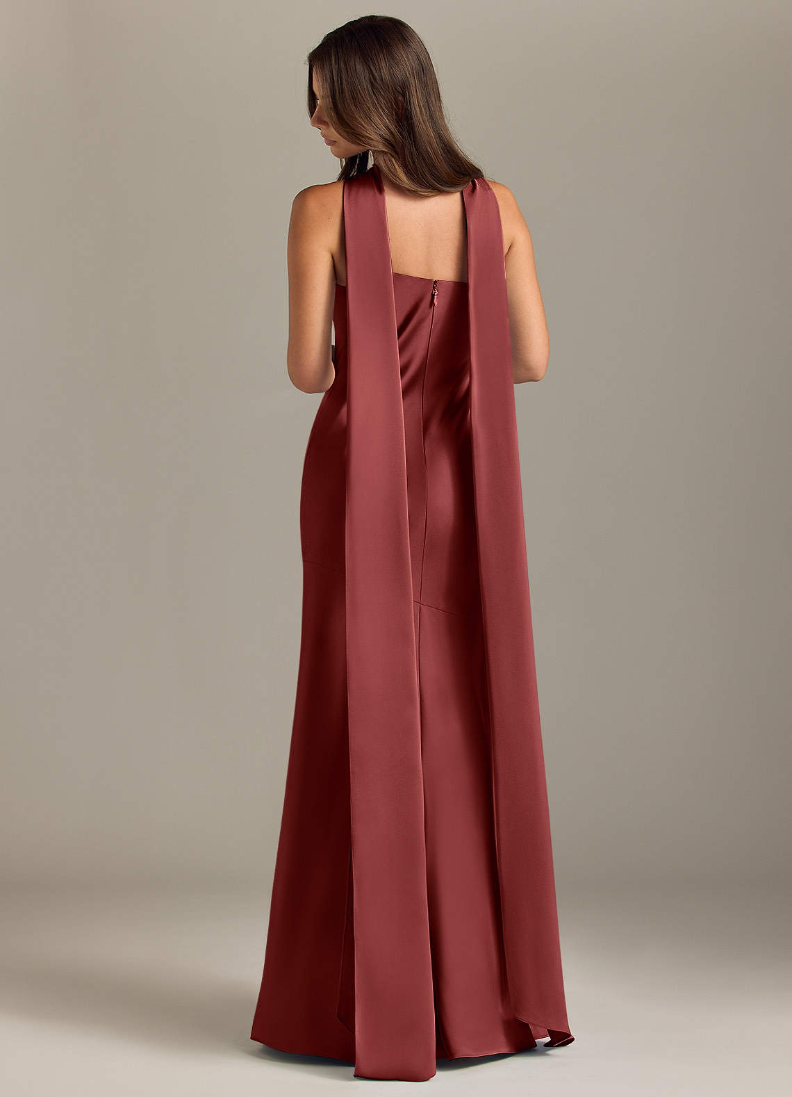 Kinsley Mermaid Halter Stretch Satin Bridesmaid Dress in Terracotta