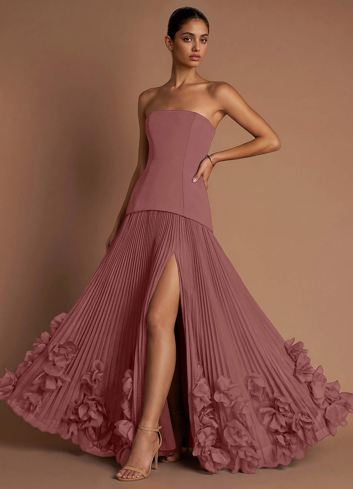 Marnie A-Line Corset Crepe Chiffon Evening Dress in Blushing Pink