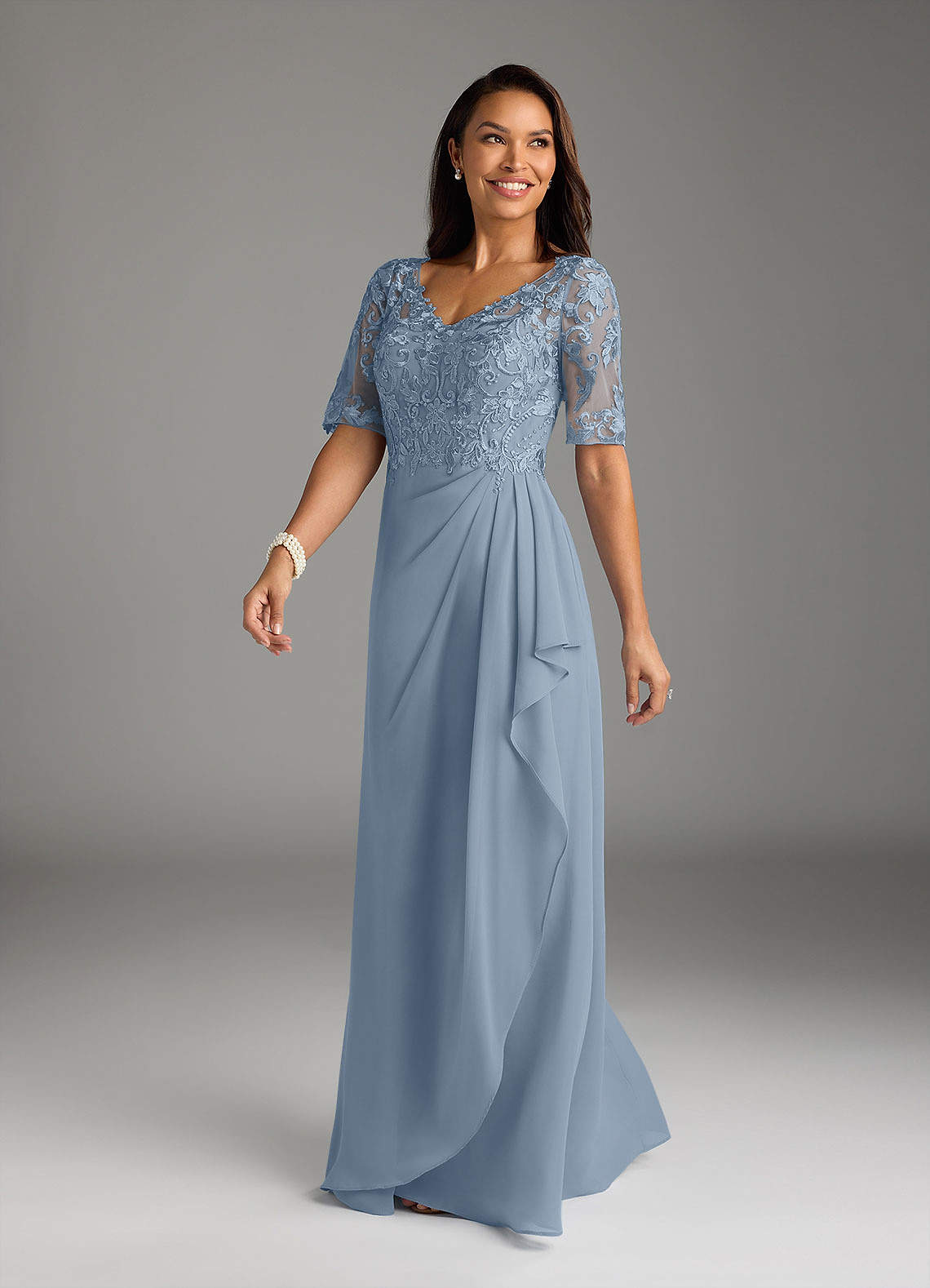 Amedeus A-Line V-Neck Chiffon and Lace Mother of the Bride Dress in dusty blue