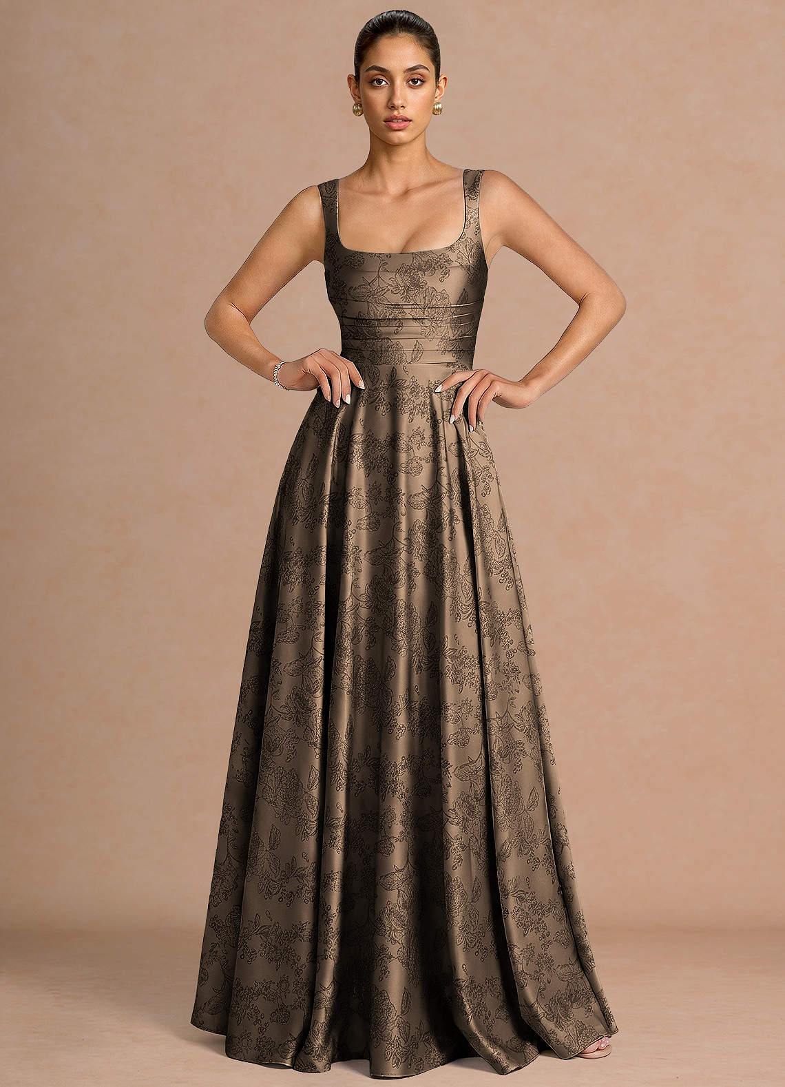 Azaria A-Line Square-Neck Jacquard Evening Dress in Moss Navy