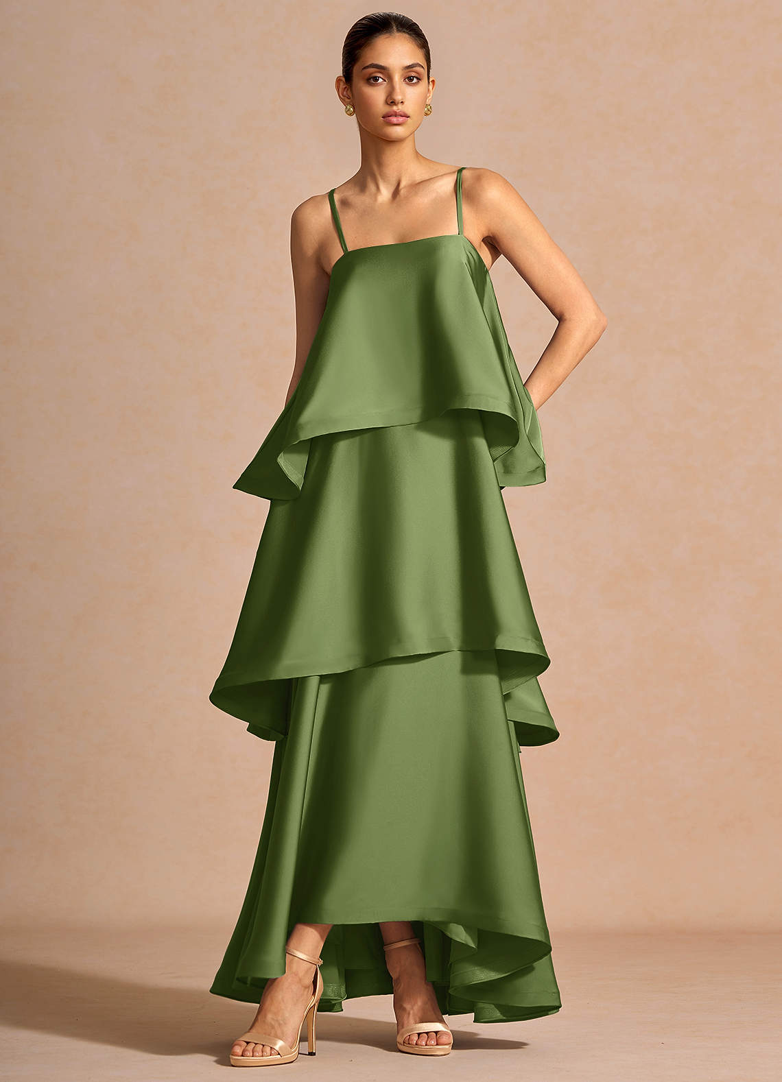 Itasca A-Line Tiered Stretch Satin Wedding Guest Dress in Olive Green
