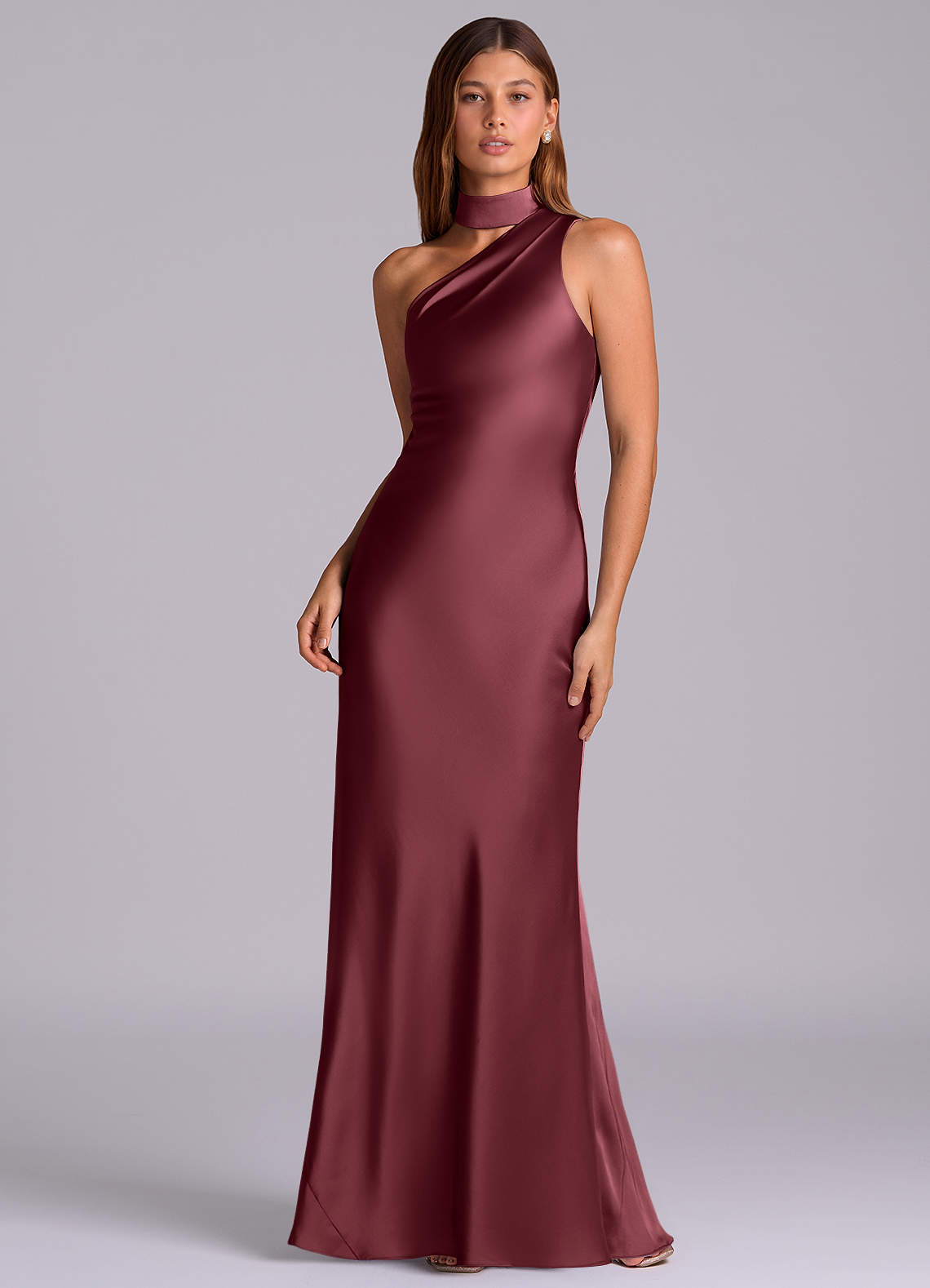 Seona Mermaid One-Shoulder Stretch Satin and Tulle Bridesmaid Dress in Merlot