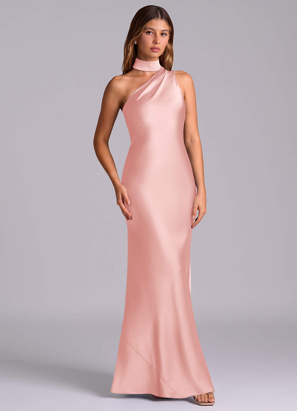 Seona Mermaid One-Shoulder Stretch Satin and Tulle Bridesmaid Dress in Powder Pink