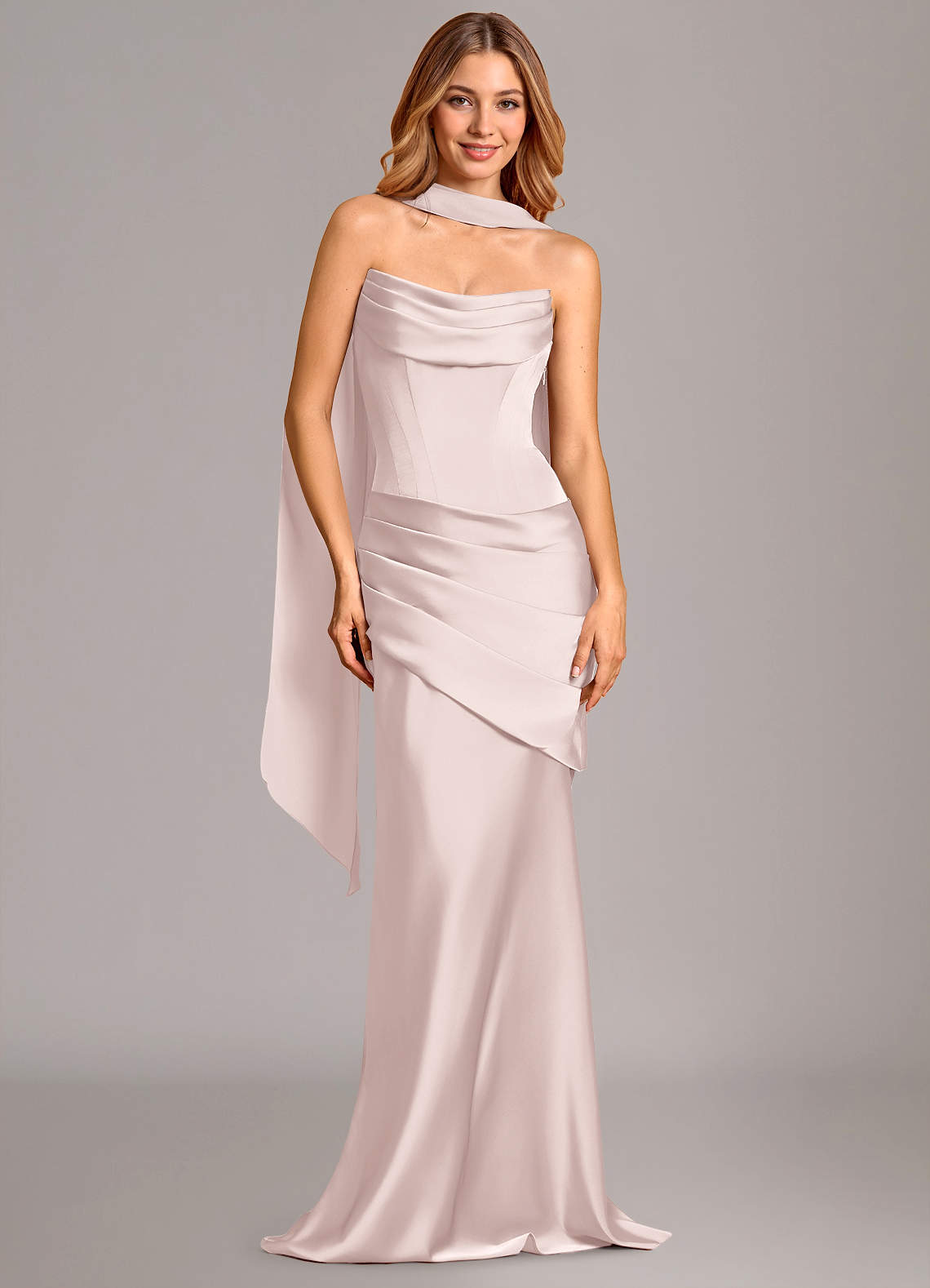 Pelagia Mermaid Cowl-Neck Stretch Satin Bridesmaid Dress in Blushing Pink