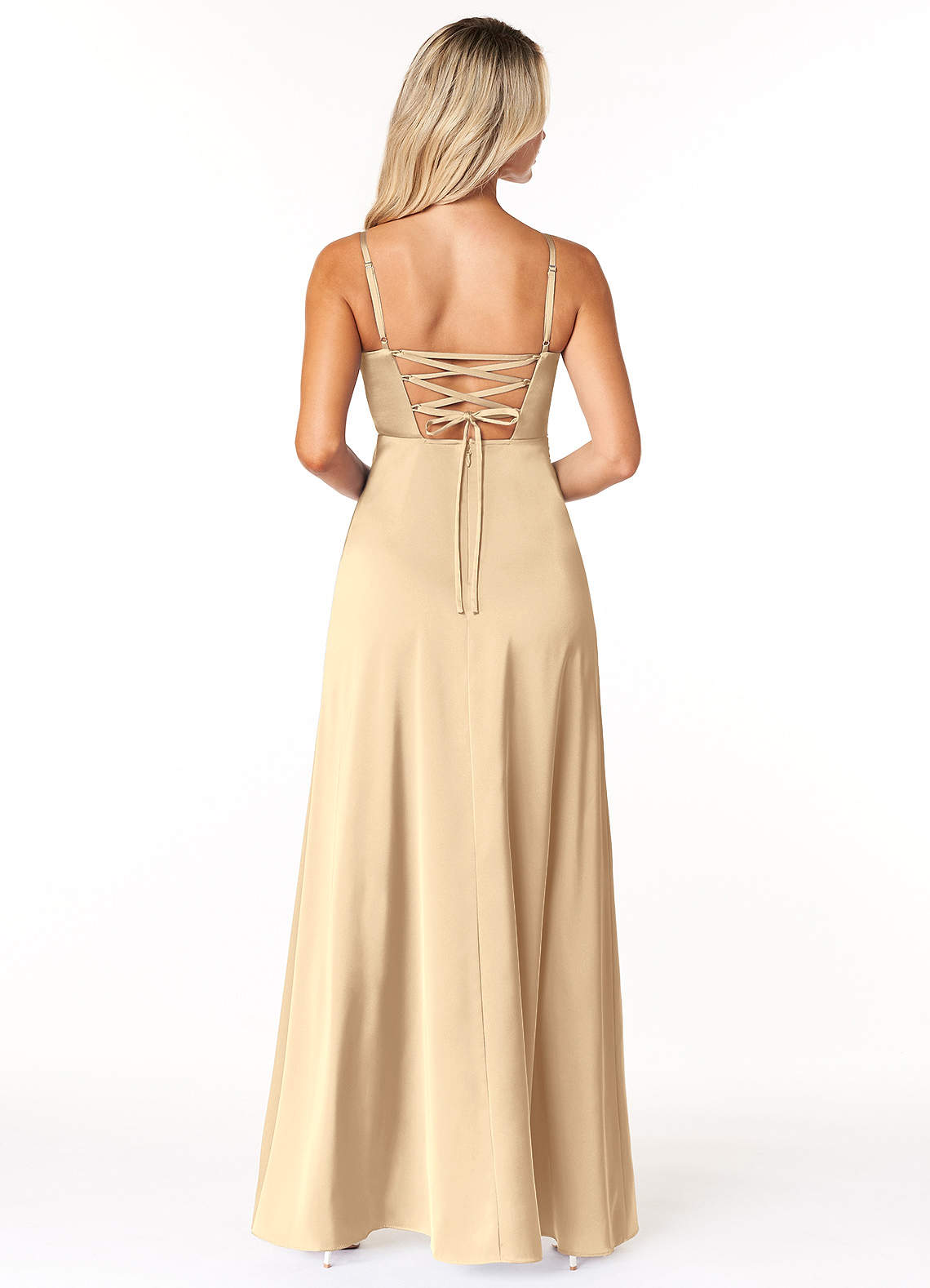 Marchella A-Line V-Neck Stretch Satin Bridesmaid Dress in Champagne