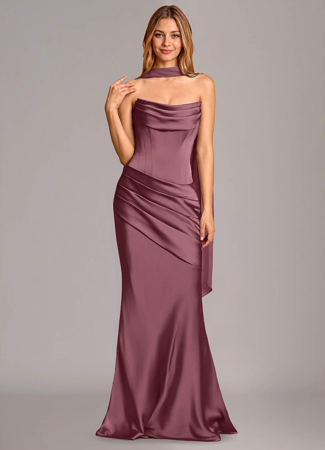 Pelagia Mermaid Cowl-Neck Stretch Satin Bridesmaid Dress in Desert Rose