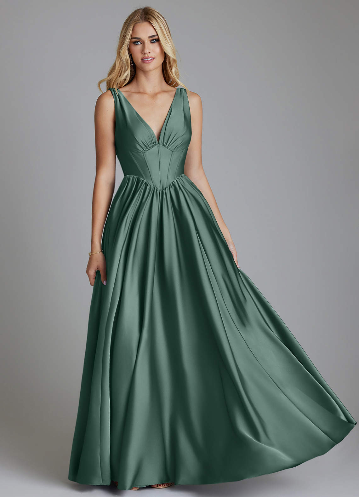 Delmie A-Line V-Neck Stretch Satin Bridesmaid Dress in Eucalyptus