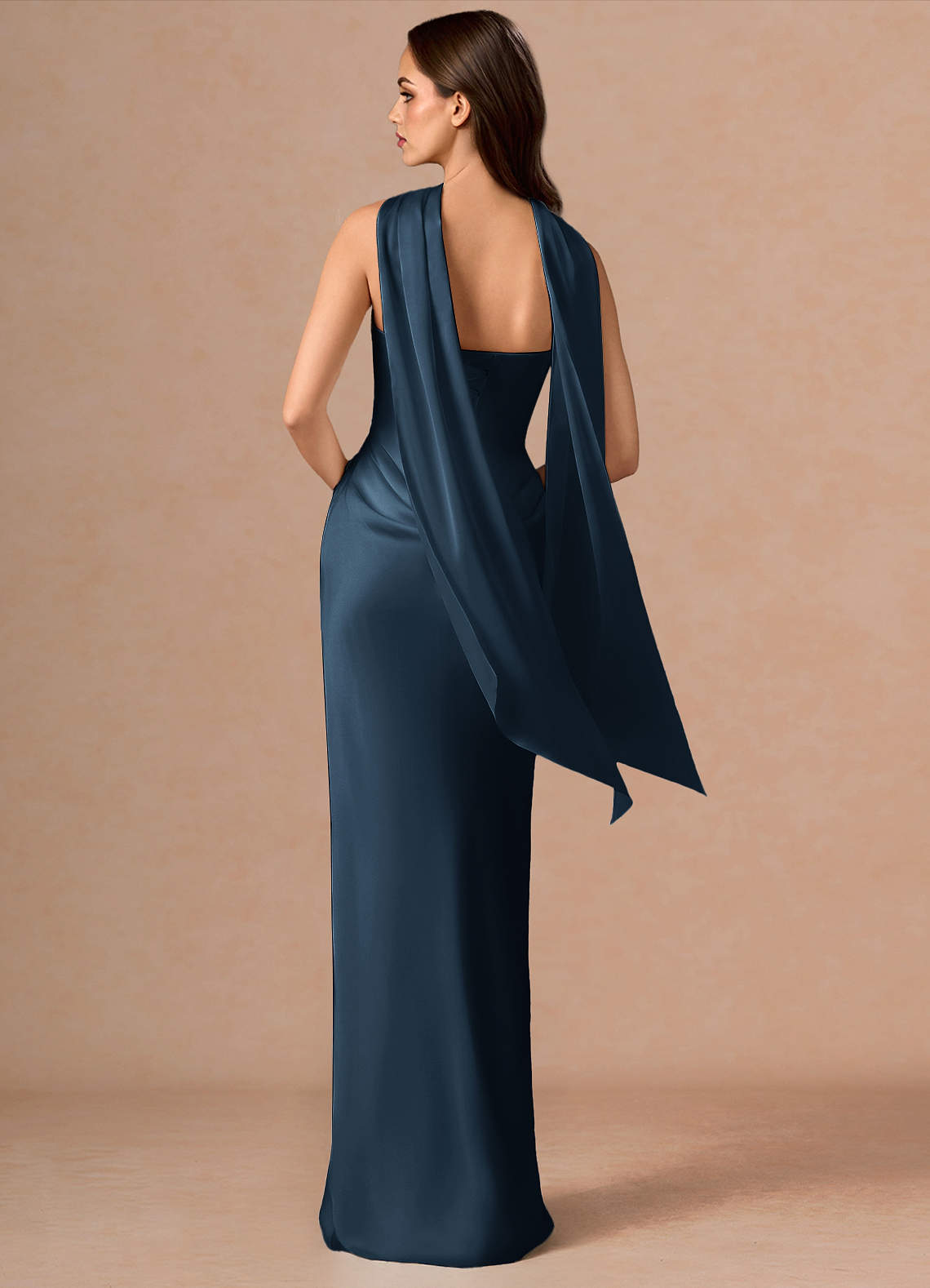 Valencia Scarf Lace-Up Stretch Satin Evening Dress in Navy