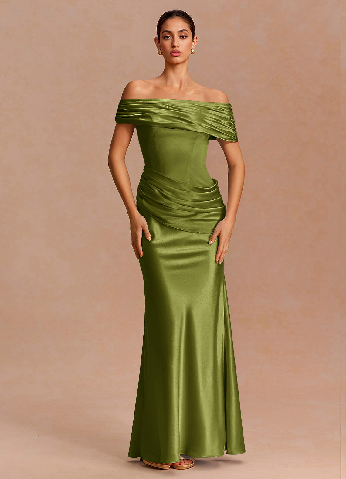 Leonie Strapless Draped-Shoulder Satin Evening Dress in Olive