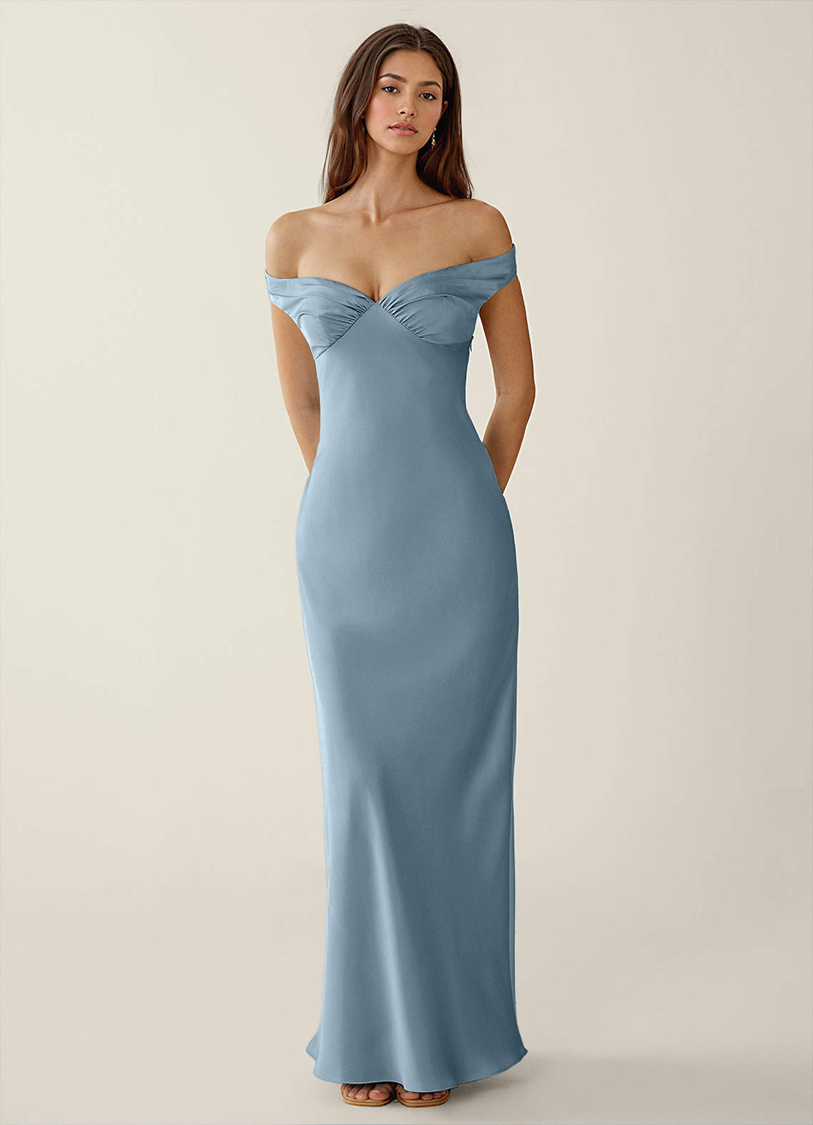 Gwendonme Sheath Off-the-Shoulder Satin Crystal Linen Evening Dress in Powder Blue