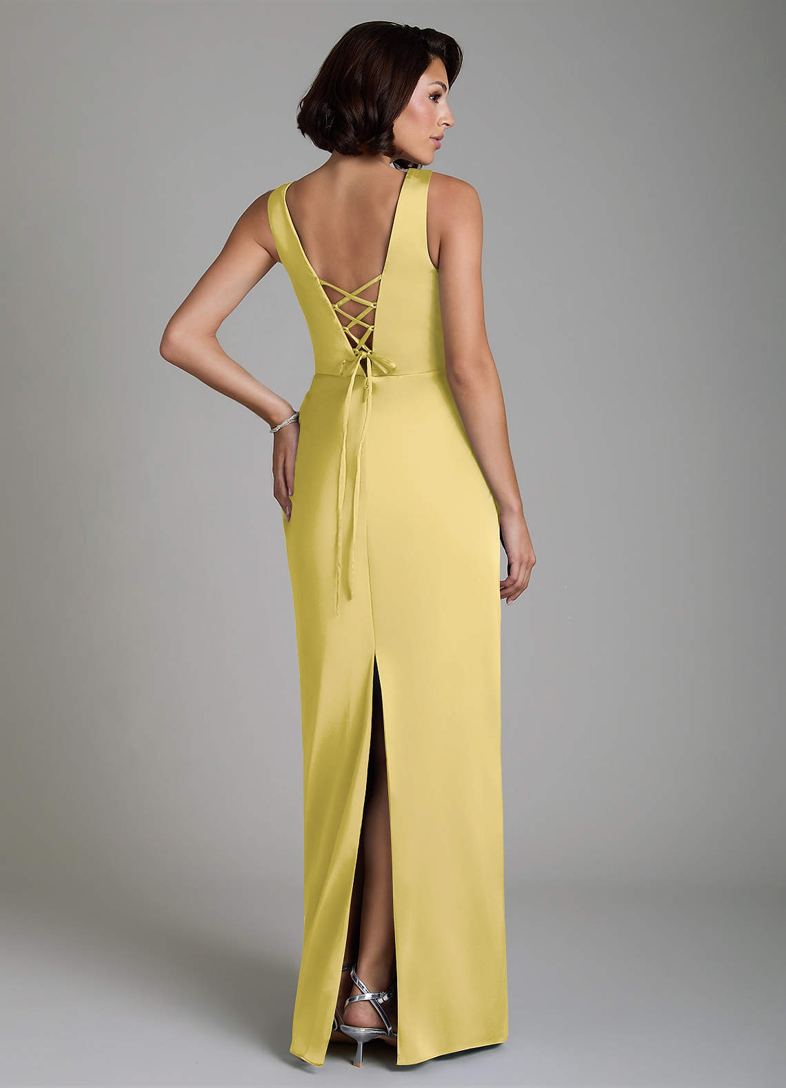Vanya Sheath V-Neck Stretch Satin Bridesmaid Dress in Canary