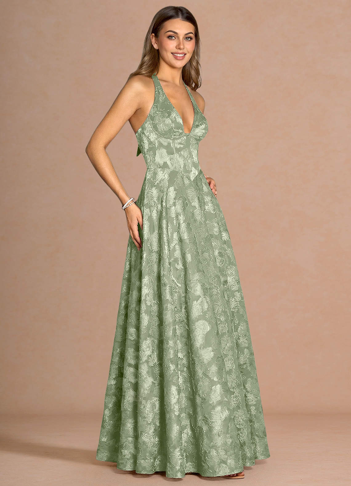 Isabeau A-Line V-Neck Fil Coupé Evening Dress in Lemon Sorbet