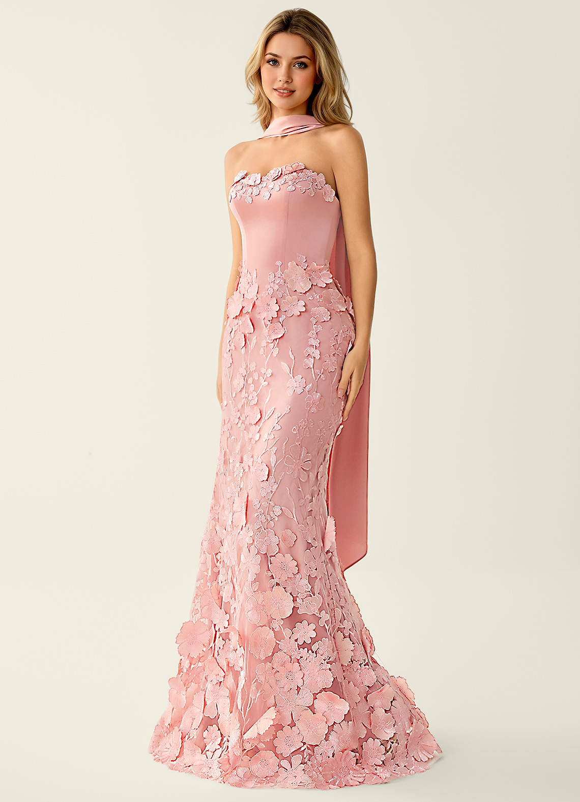 Wrensincia Mermaid Strapless Crystal Linen Satin Evening Dress in Pink
