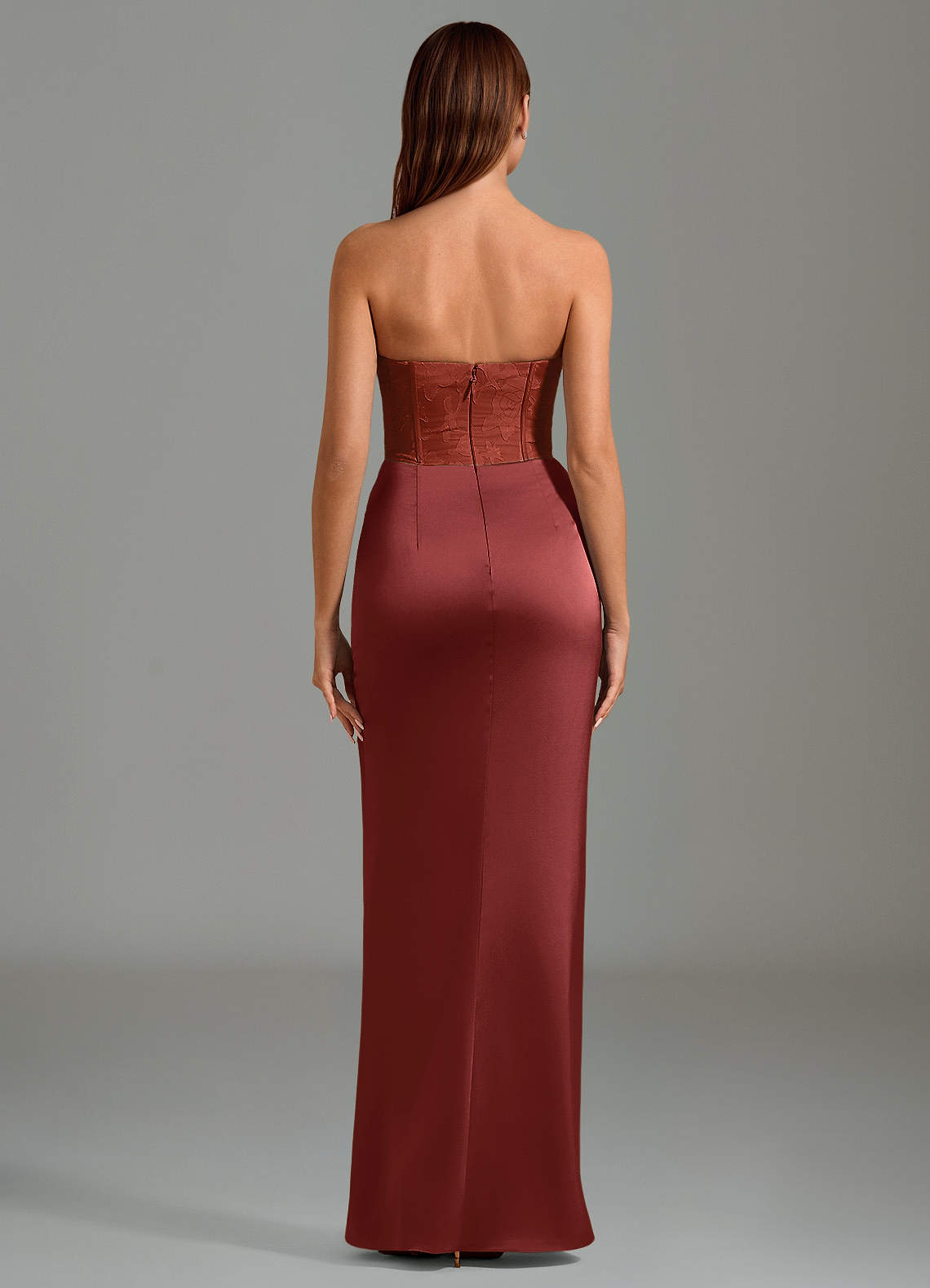 Emilia Mermaid Strapless Stretch Satin and Floral Burnout Bridesmaid Dress in Terracotta