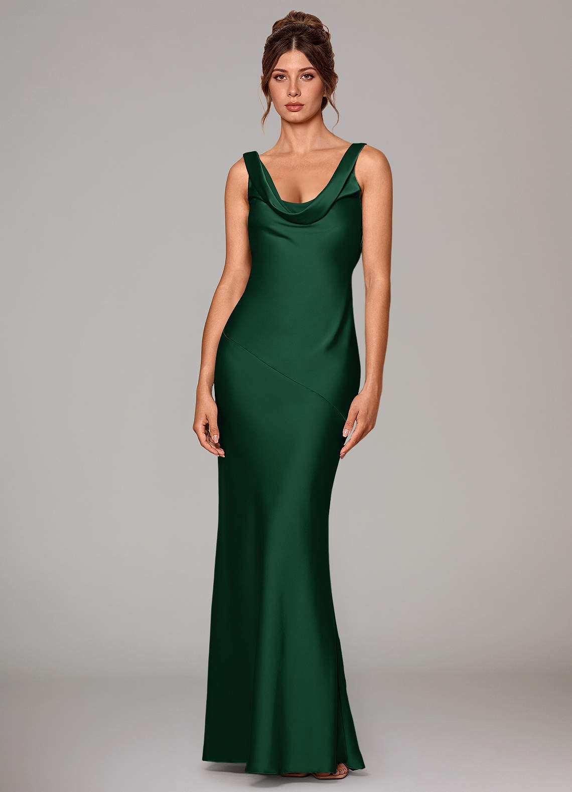 Rylina Mermaid Cowl-Neck Stretch Satin Bridesmaid Dress in Dark Green