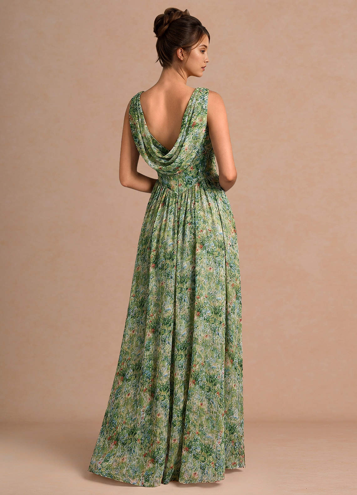 Aurore A-Line Cowl-Neck Chiffon Wedding Guest Dress in Green Floral