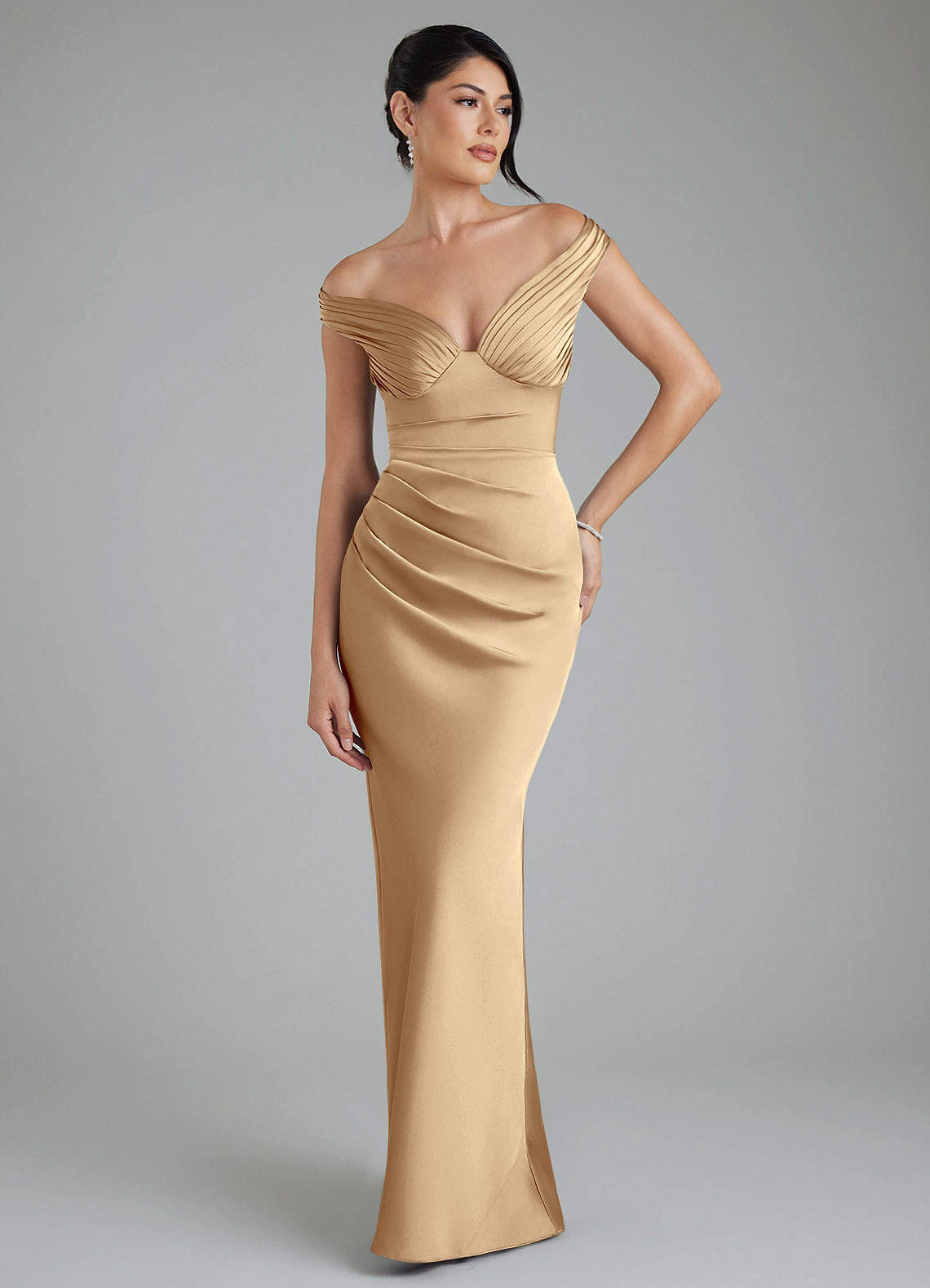 Stella Sheath V-Neck Stretch Satin Bridesmaid Dress in Champagne