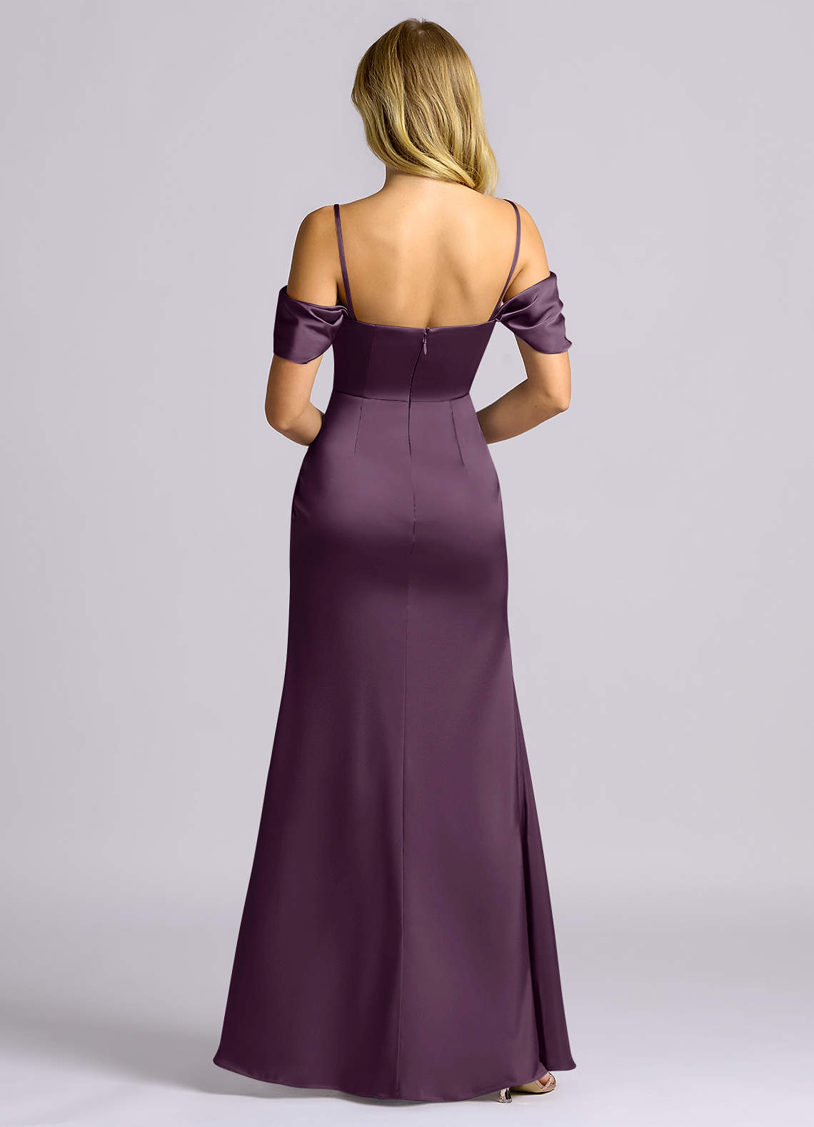 Auden Sheath Off-the-Shoulder Stretch Satin Bridesmaid Dress in Plum