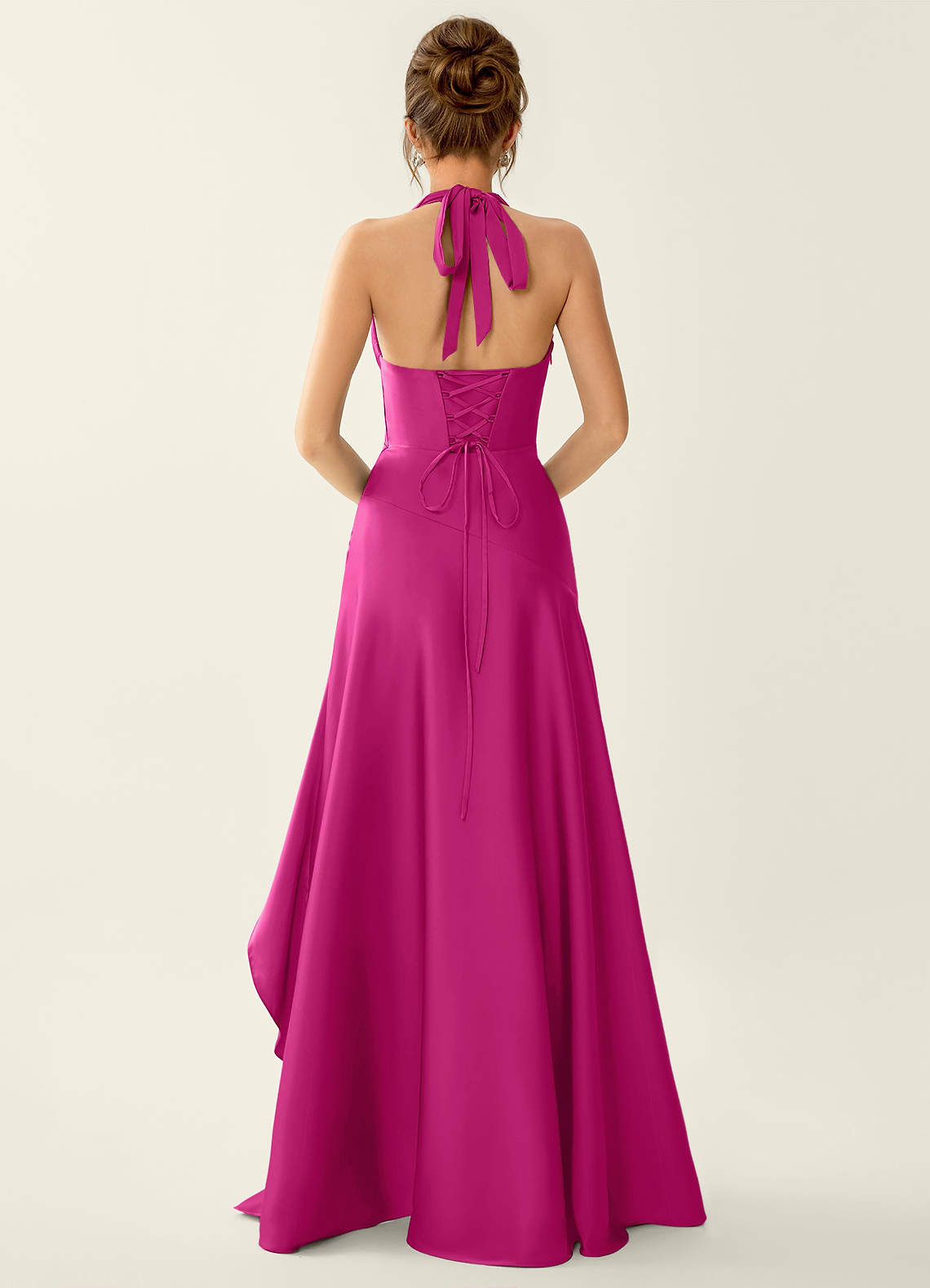 Titania Halter Asymmetric-Ruffle Satin Evening Dress in Hot Pink