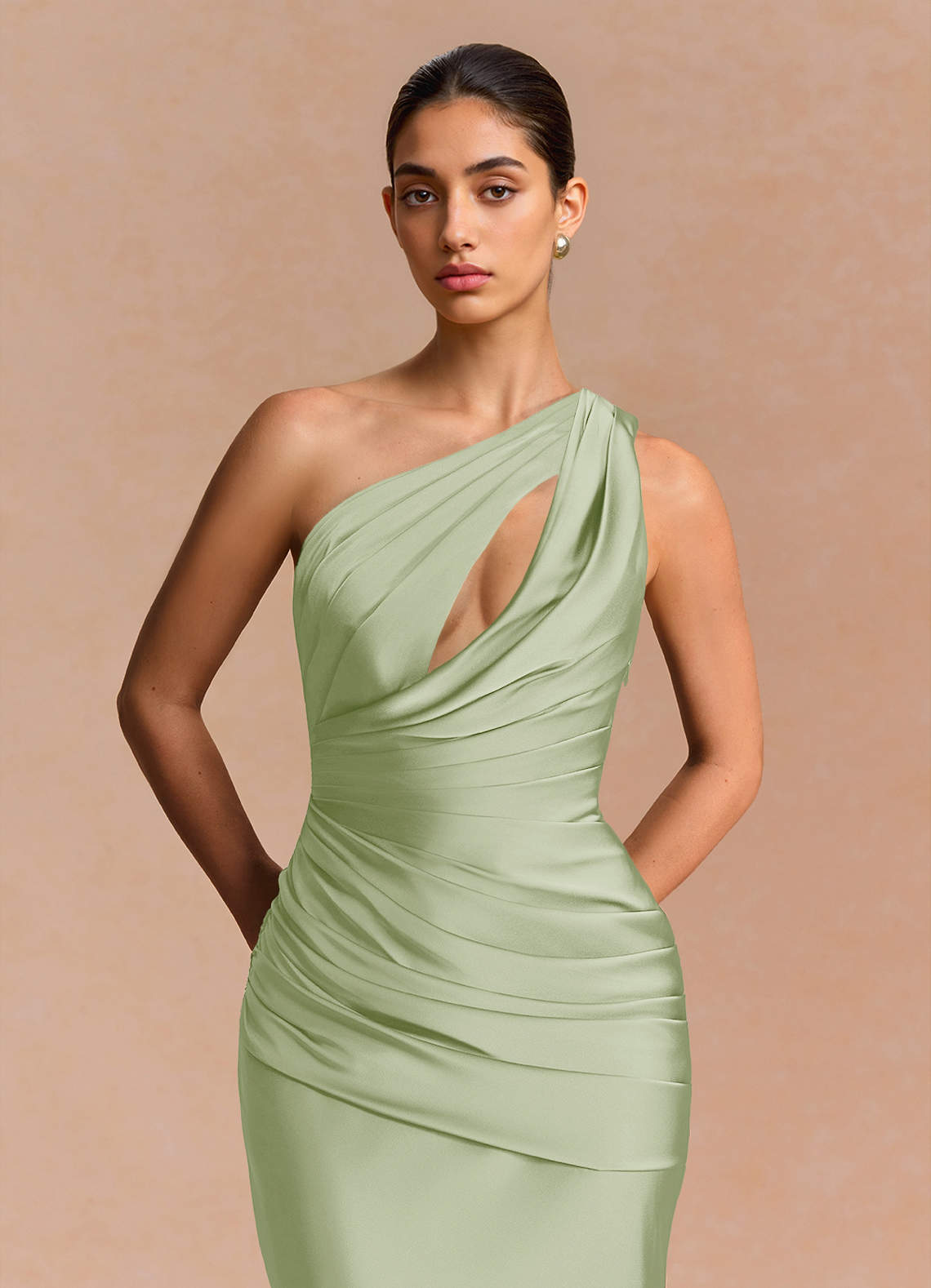 Guinevere One-Shoulder Cutout Stretch Satin Evening Dress in Light Green
