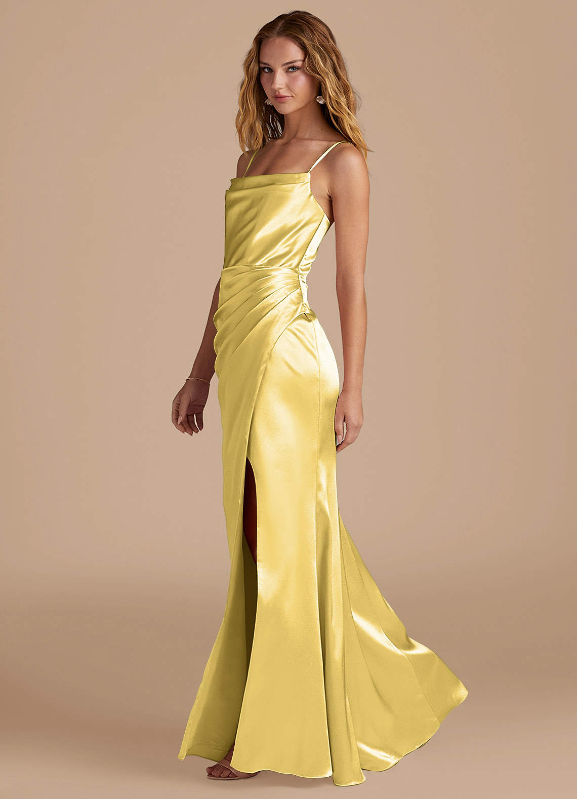 Marzia Mermaid Square-Neck Metallic Satin Bridesmaid Dress in Canary