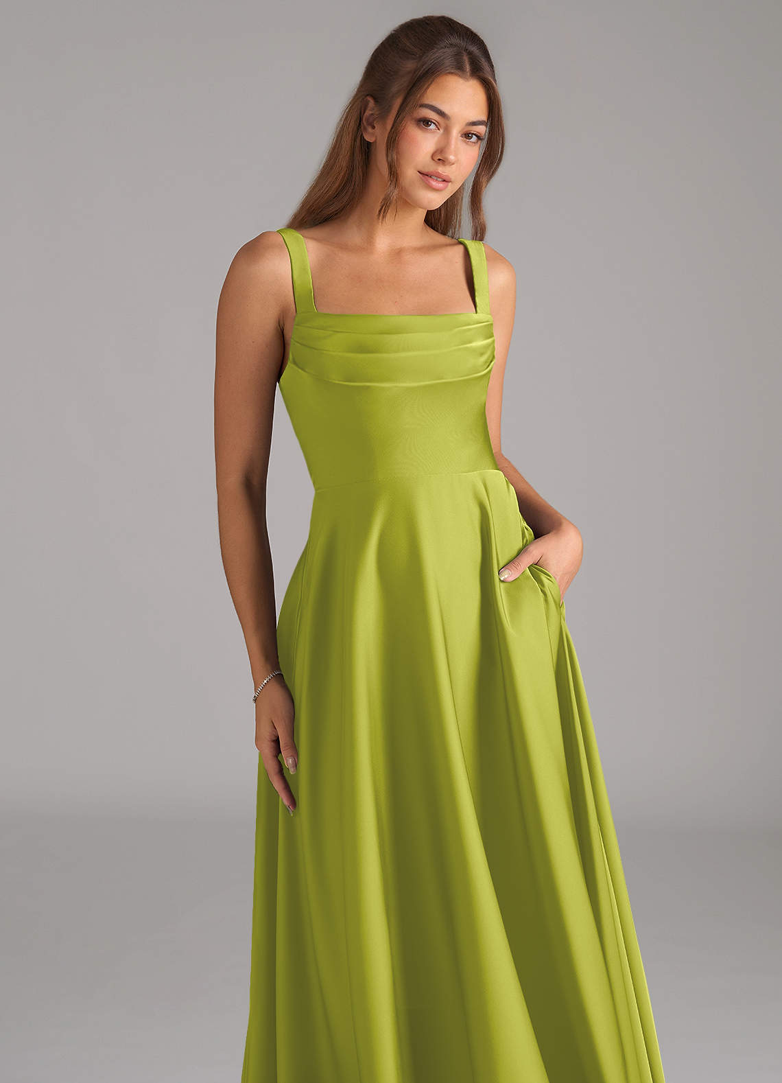 Shaude A-Line Square-Neck Stretch Satin Bridesmaid Dress in Lemongrass