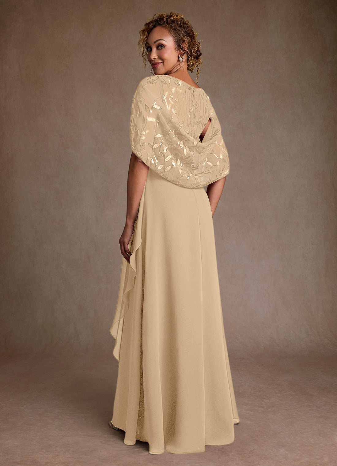 Beckley A-Line Boat-Neck Chiffon and Lace Mother of the Bride Dress in champagne