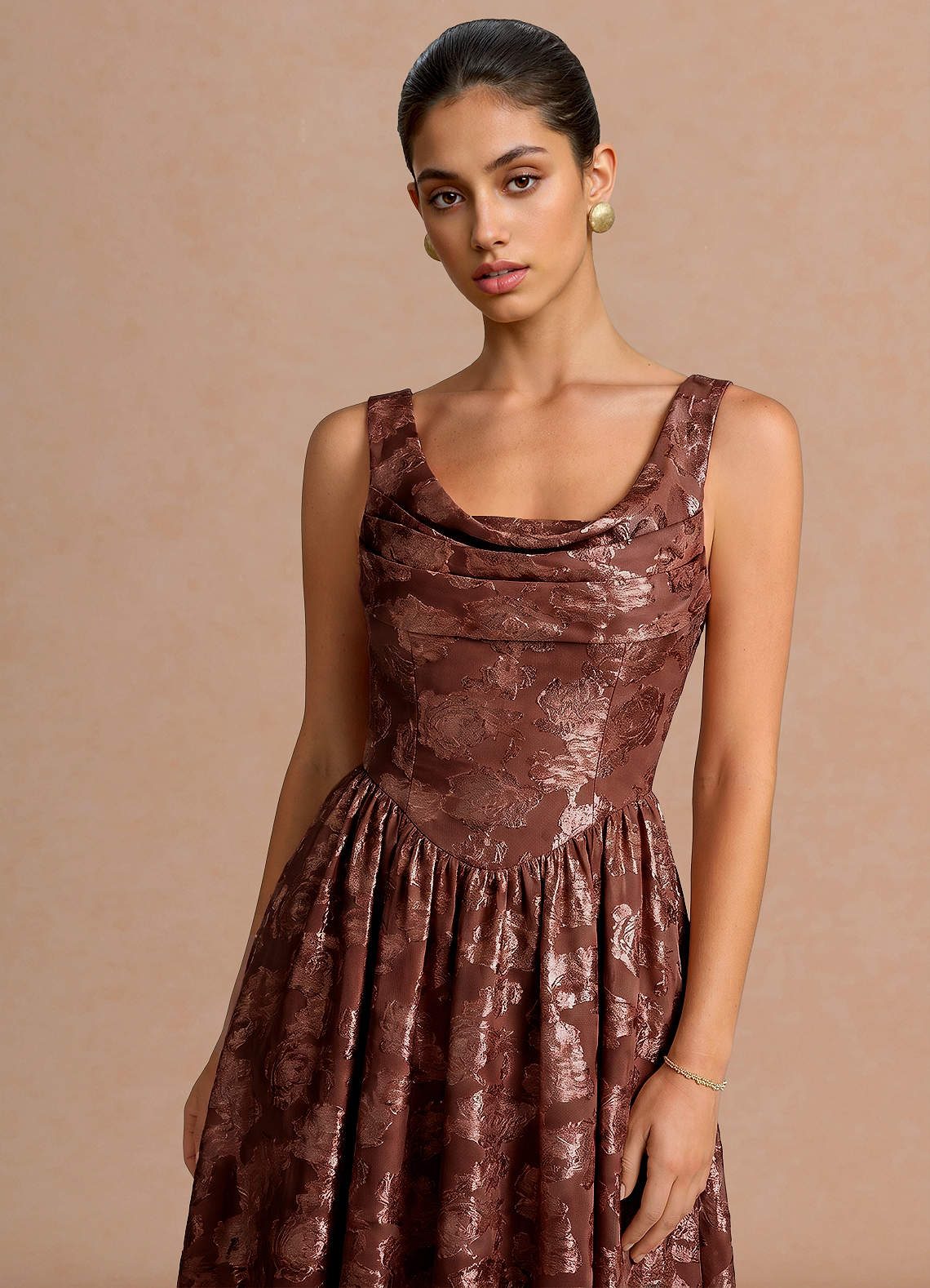 Novi A-Line Draped-Neck Floral Fil Coupé Evening Dress in Mocha Coco