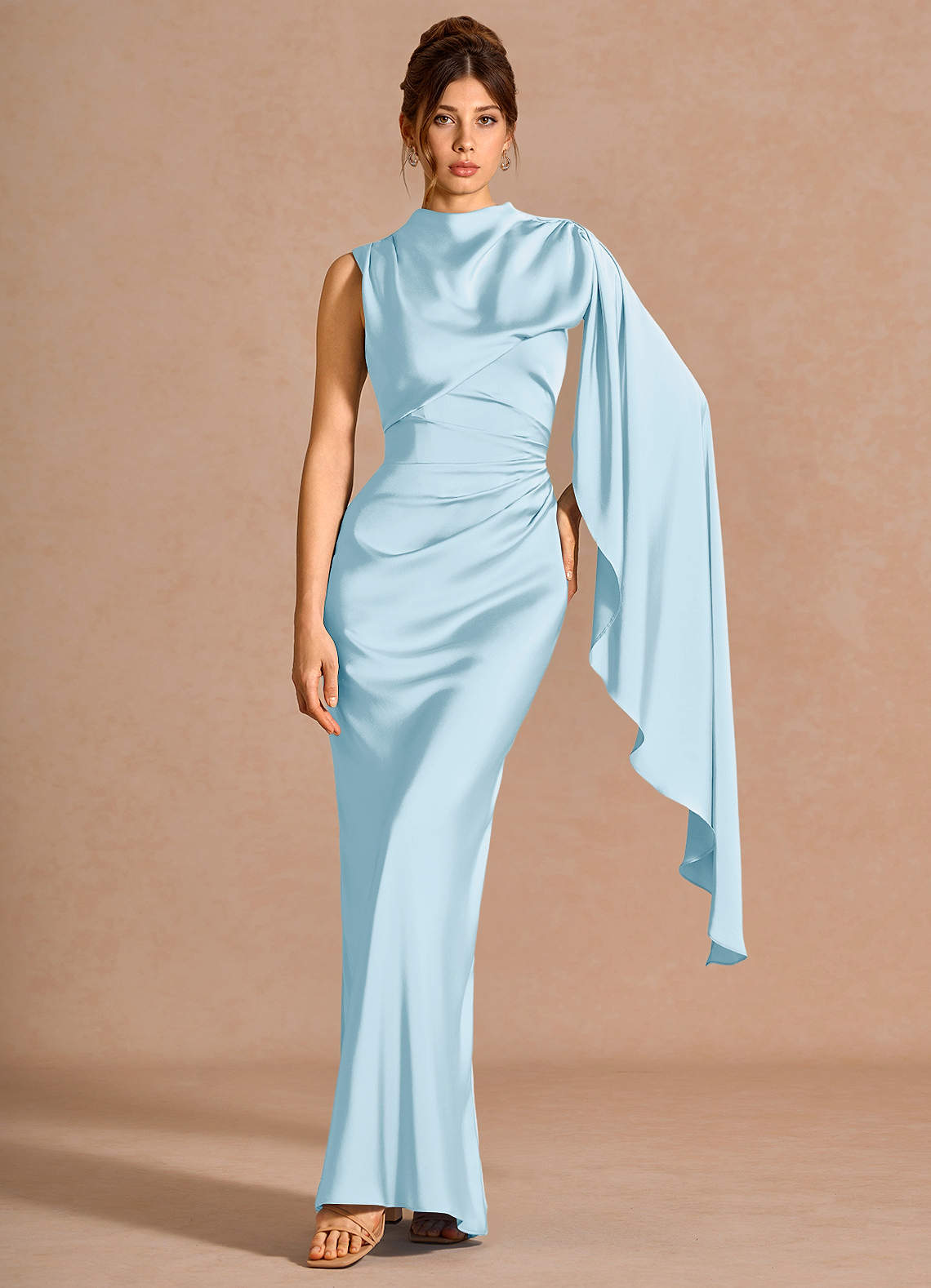 Chesney Cape-Sleeve Pleated Stretch Satin Wedding Guest Dress in Dusty Blue