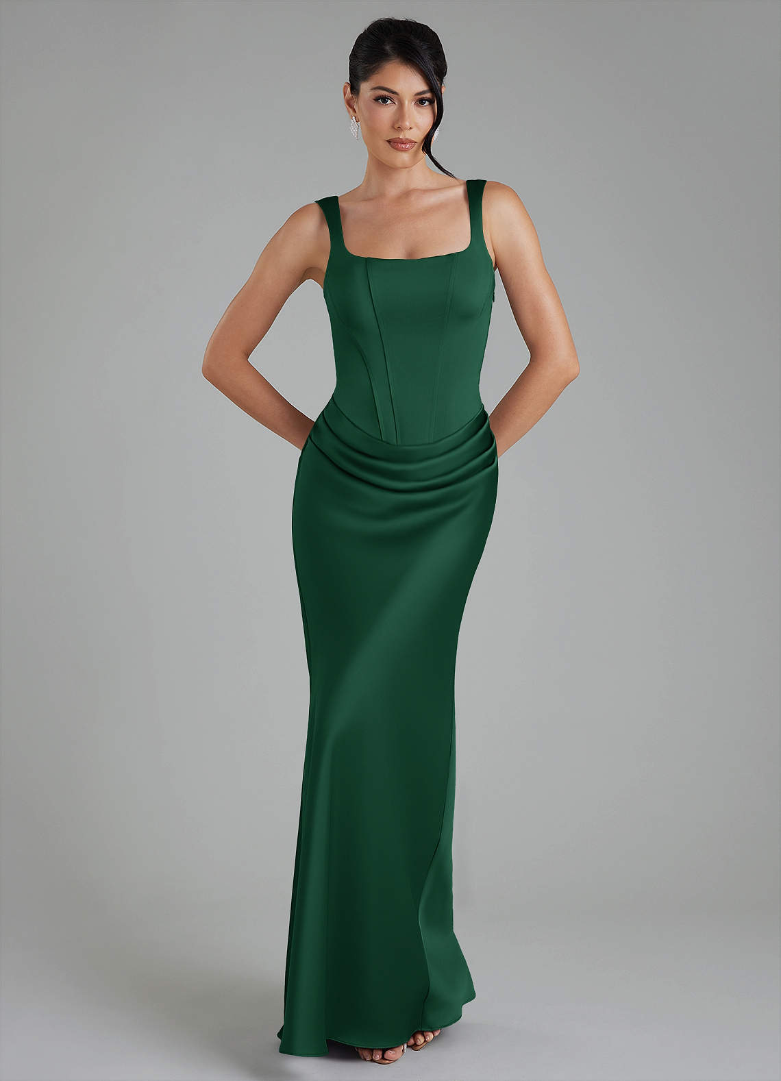 Etta Mermaid Square-Neck Stretch Satin Bridesmaid Dress in Dark Green