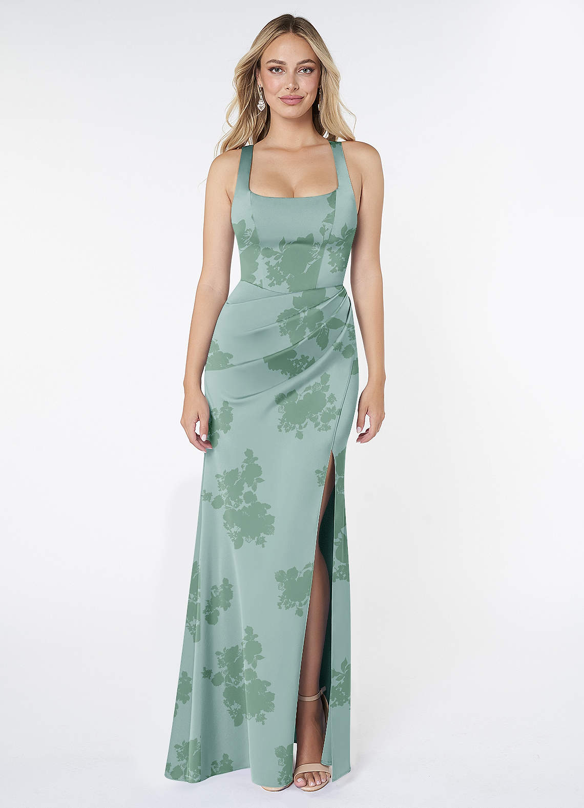 Mero Mermaid Square-Neck Stretch Satin Bridesmaid Dress in Dusty Sage Floral
