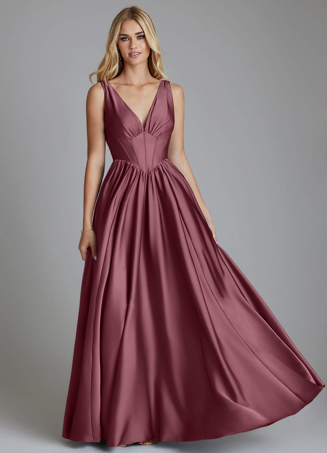 Delmie A-Line V-Neck Stretch Satin Bridesmaid Dress in Desert Rose