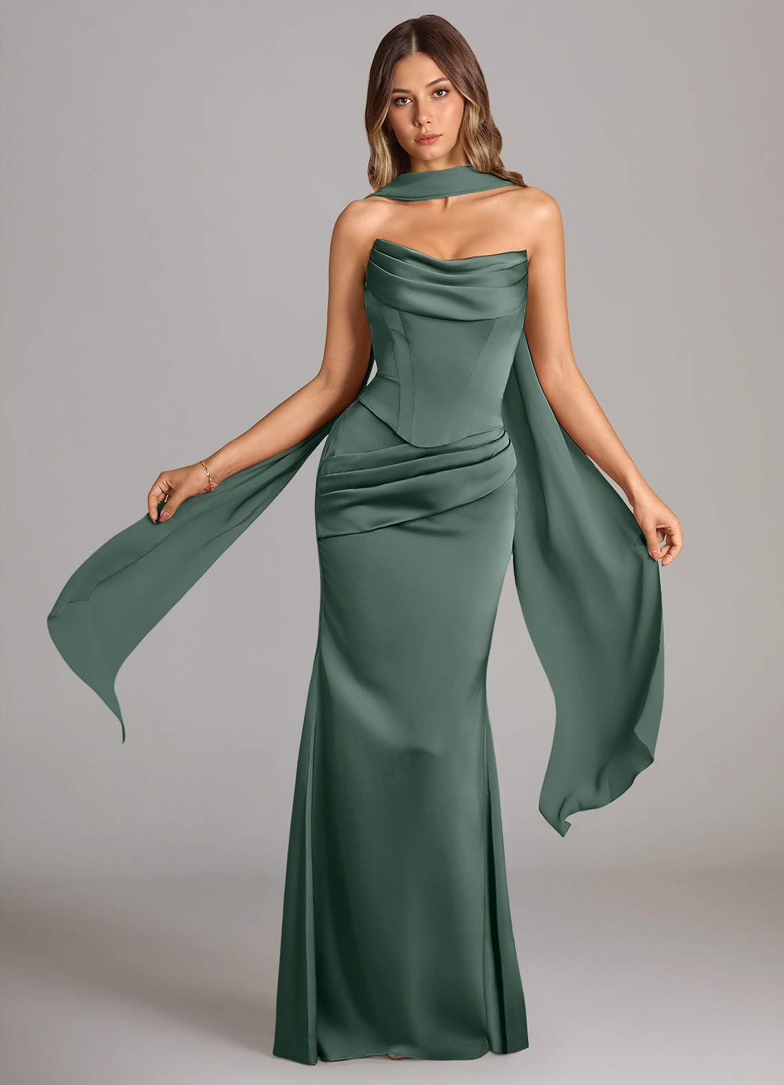 Sorrel Mermaid Cowl-Neck Stretch Satin and Chiffon Bridesmaid Dress in Sea Moss