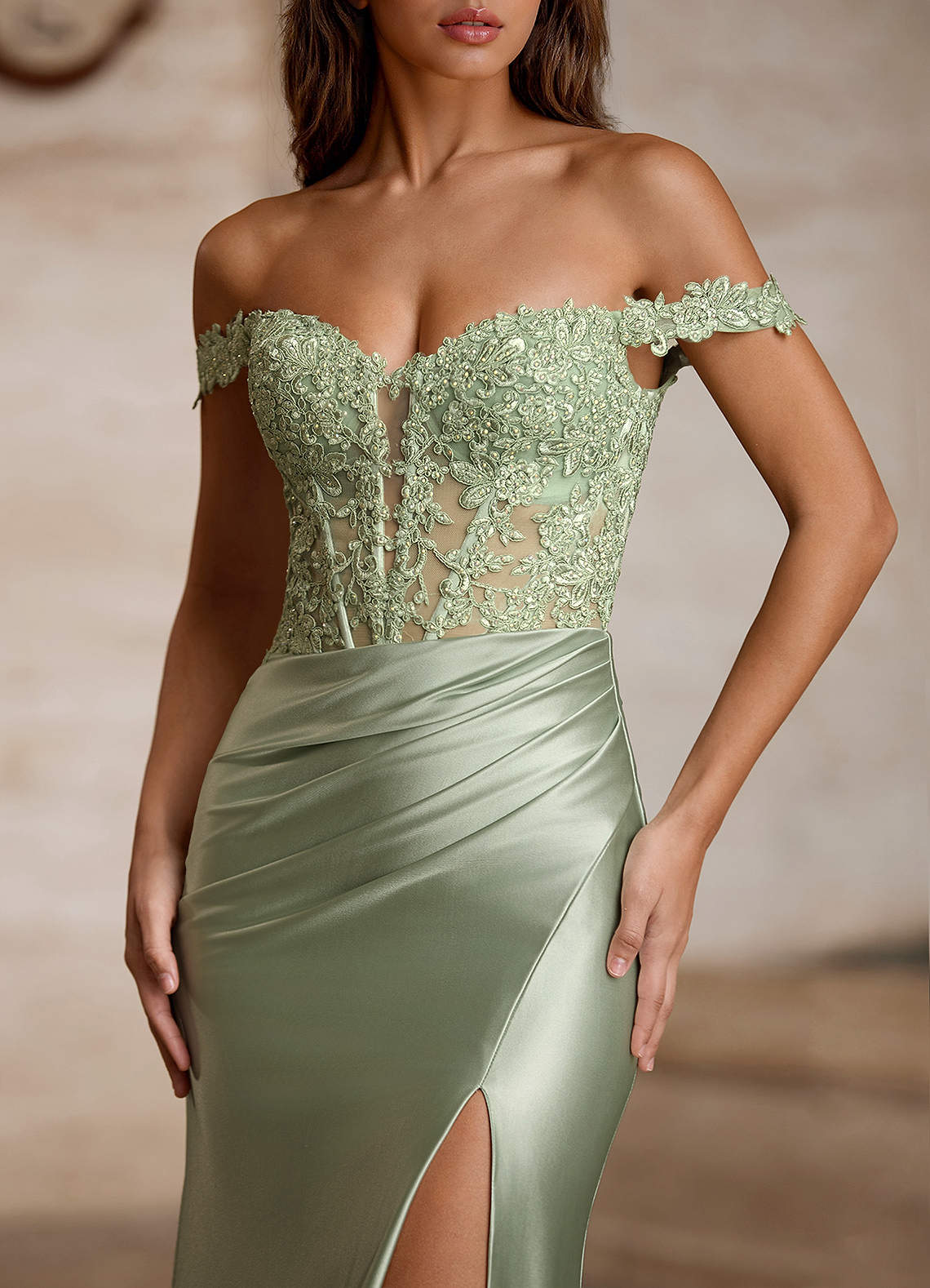 Wrentino Mermaid Off-the-Shoulder Stretch Satin Evening Dress in Light Green
