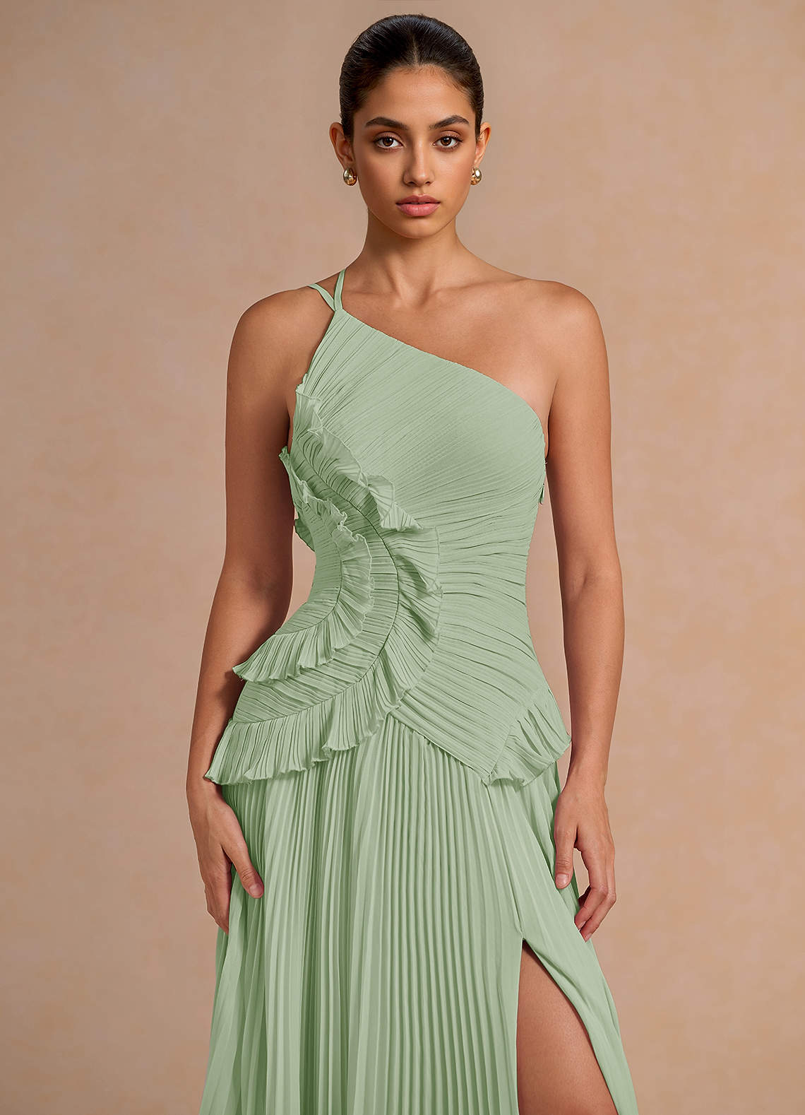 Melody A-Line One-Shoulder Chiffon Evening Dress in Light Green