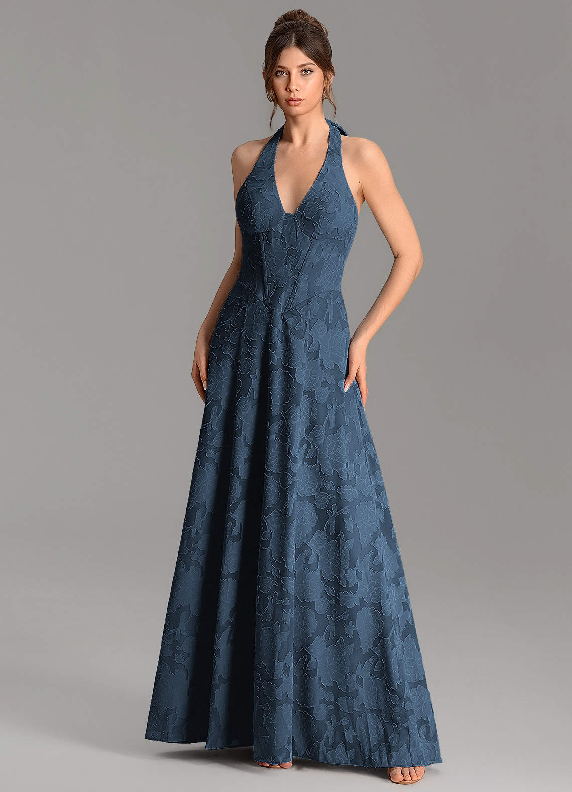 Nia A-Line V-Neck Floral Burnout Bridesmaid Dress in Dark Navy