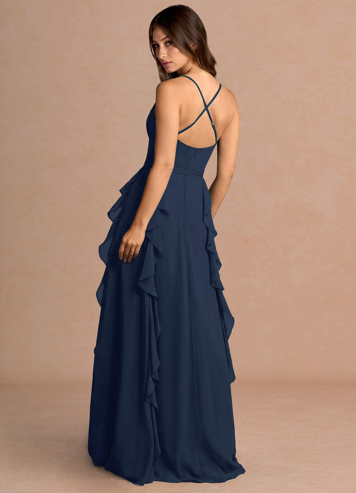 Alouette A-Line V-Neck Chiffon Evening Dress in Navy