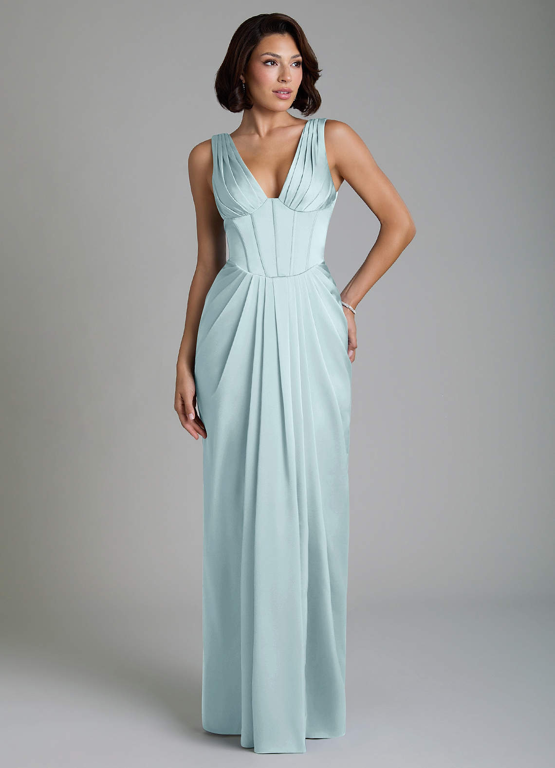Vanya Sheath V-Neck Stretch Satin Bridesmaid Dress in Mist