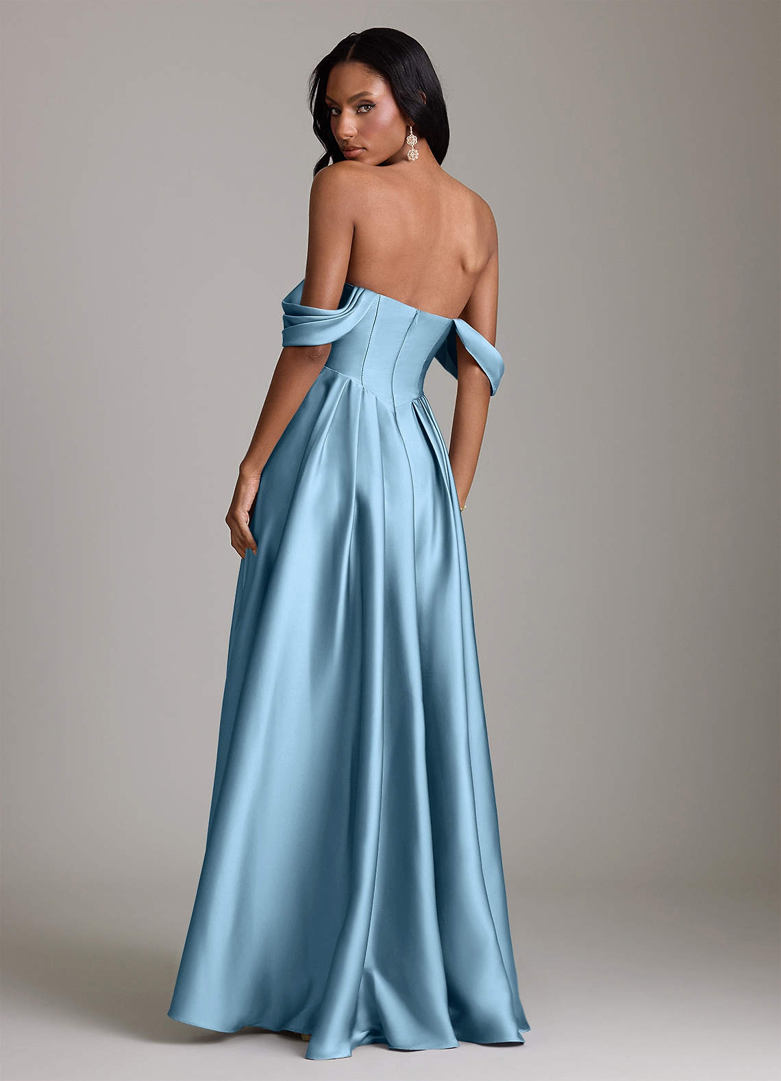 Loisa A-Line Off-the-Shoulder Stretch Satin Bridesmaid Dress in Steel Blue